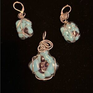 Elegant Silver and Blue Wire-Wrapped Fused Glass Jewelry Set